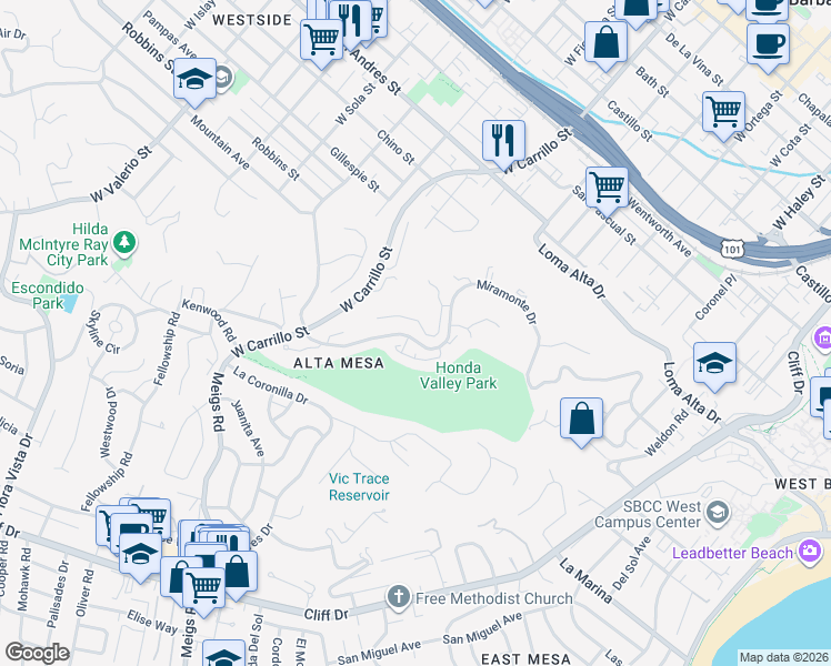 map of restaurants, bars, coffee shops, grocery stores, and more near 1046 Miramonte Drive in Santa Barbara