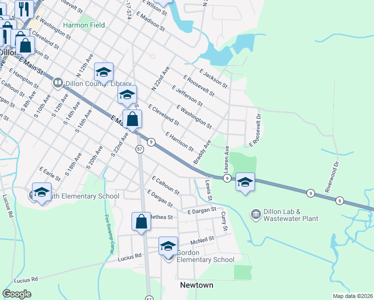map of restaurants, bars, coffee shops, grocery stores, and more near 1407 East Harrison Street in Dillon