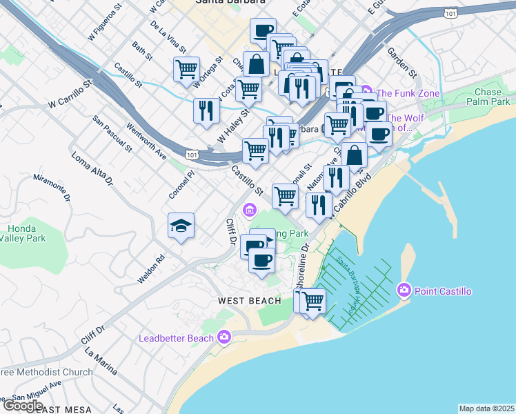 map of restaurants, bars, coffee shops, grocery stores, and more near 215 Castillo Street in Santa Barbara