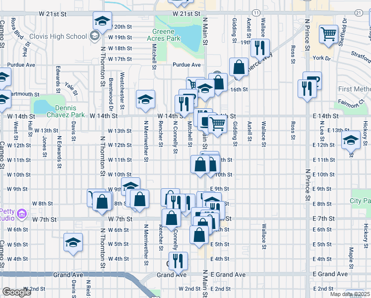 map of restaurants, bars, coffee shops, grocery stores, and more near 1116 Mitchell Street in Clovis