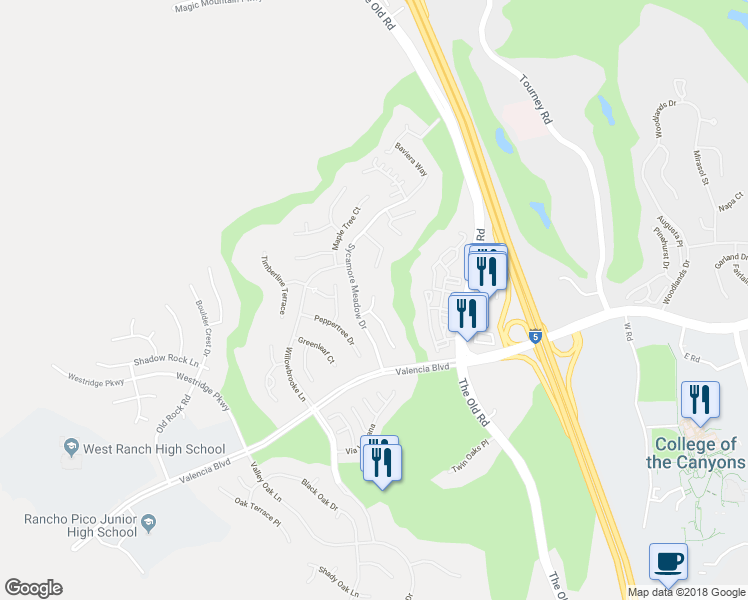 map of restaurants, bars, coffee shops, grocery stores, and more near Redwood Bluff Lane in Stevenson Ranch