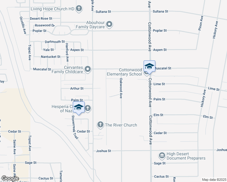 map of restaurants, bars, coffee shops, grocery stores, and more near 8756 Oakwood Avenue in Hesperia