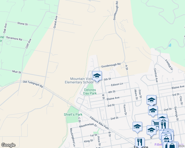 map of restaurants, bars, coffee shops, grocery stores, and more near 959 Taylor Lane in Fillmore