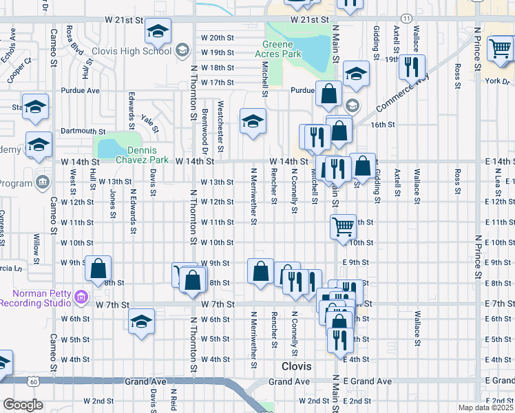 map of restaurants, bars, coffee shops, grocery stores, and more near 421 West 12th Street in Clovis