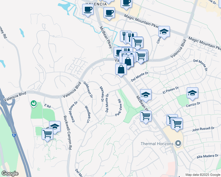 map of restaurants, bars, coffee shops, grocery stores, and more near 24155 Del Monte Drive in Santa Clarita