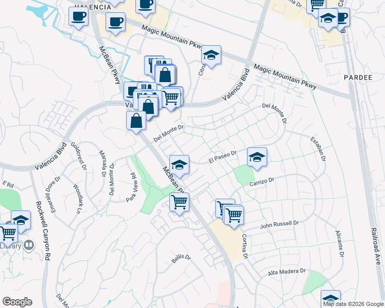 map of restaurants, bars, coffee shops, grocery stores, and more near 23924 Vía Rosa Linda in Santa Clarita