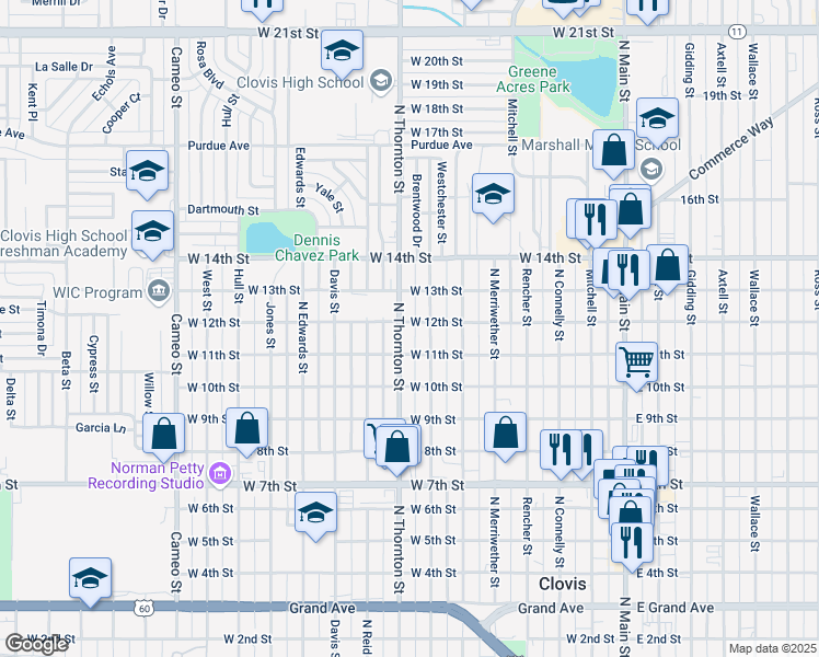 map of restaurants, bars, coffee shops, grocery stores, and more near 706 West 12th Street in Clovis