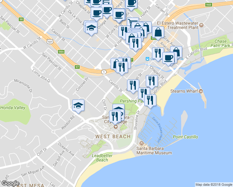 map of restaurants, bars, coffee shops, grocery stores, and more near in Santa Barbara