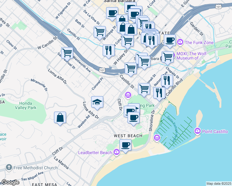 map of restaurants, bars, coffee shops, grocery stores, and more near 513 West Gutierrez Street in Santa Barbara