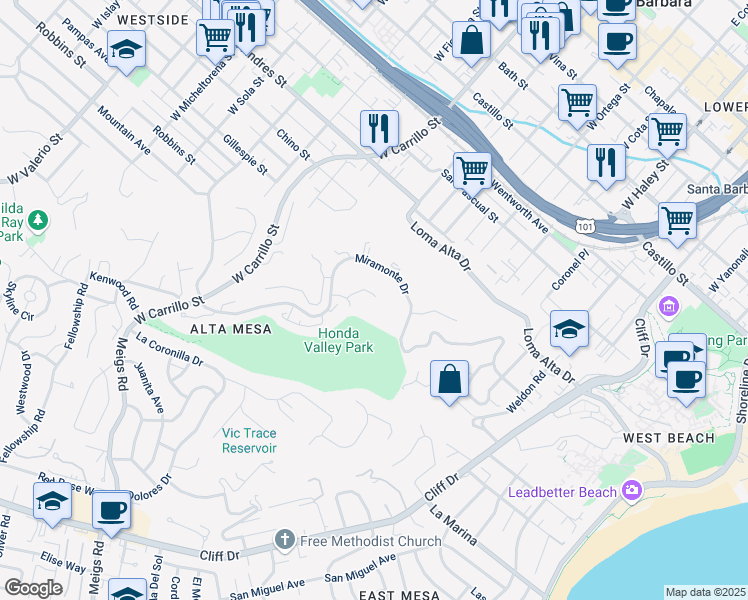 map of restaurants, bars, coffee shops, grocery stores, and more near 858 Highland Drive in Santa Barbara