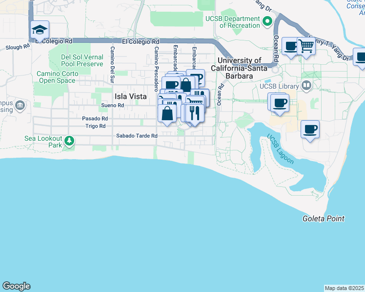 map of restaurants, bars, coffee shops, grocery stores, and more near 1020 El Embarcadero Road in Goleta