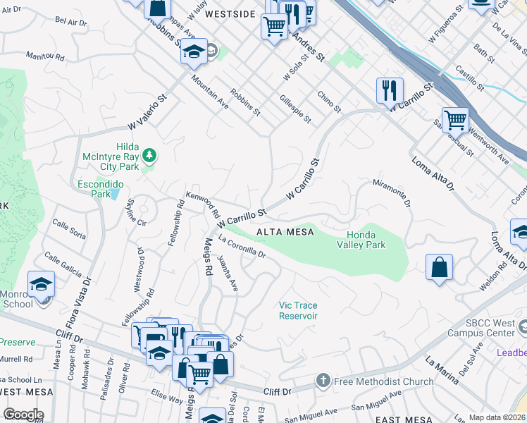 map of restaurants, bars, coffee shops, grocery stores, and more near West Carrillo Street & Miramonte Drive in Santa Barbara