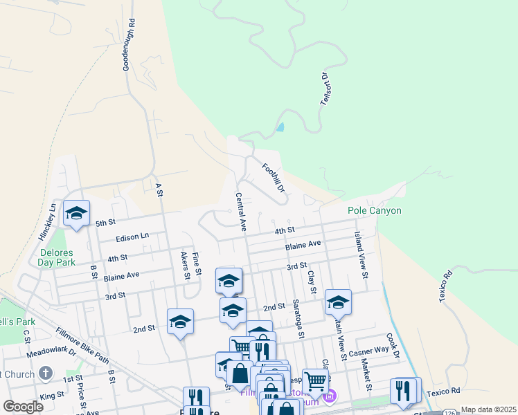 map of restaurants, bars, coffee shops, grocery stores, and more near 436 Foothill Drive in Fillmore
