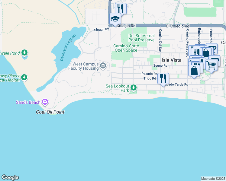 map of restaurants, bars, coffee shops, grocery stores, and more near 6891 Del Playa Drive in Goleta