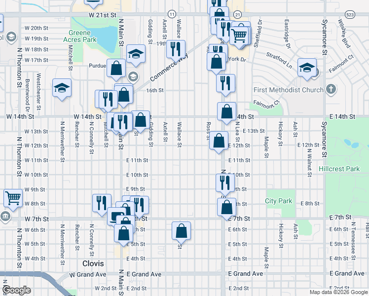 map of restaurants, bars, coffee shops, grocery stores, and more near 1201 Wallace Street in Clovis