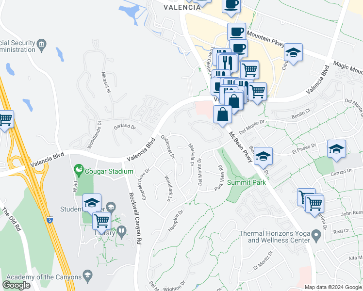 map of restaurants, bars, coffee shops, grocery stores, and more near 24421 Firenze Place in Santa Clarita
