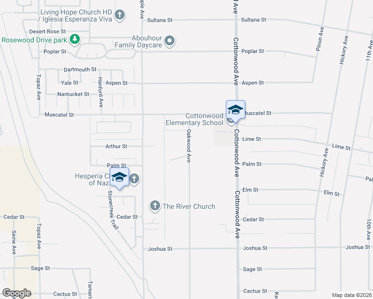 map of restaurants, bars, coffee shops, grocery stores, and more near 8787 Oakwood Avenue in Hesperia