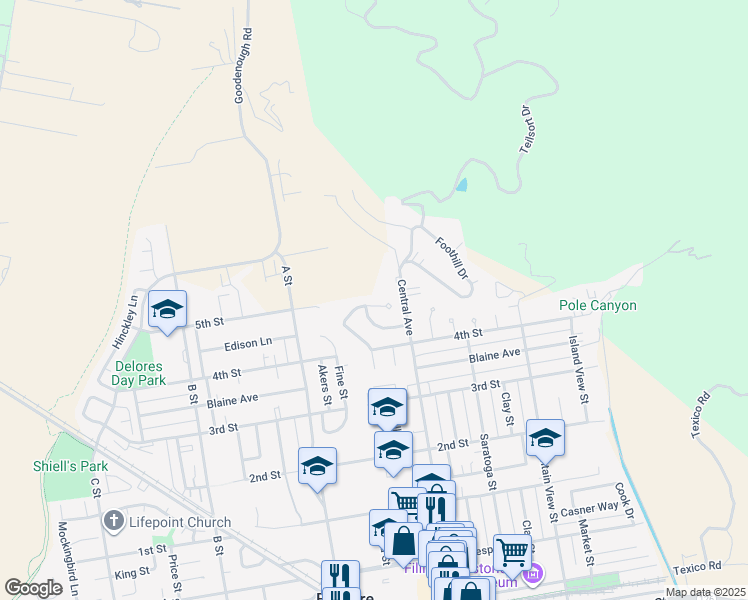map of restaurants, bars, coffee shops, grocery stores, and more near 831 Woodgrove Road in Fillmore