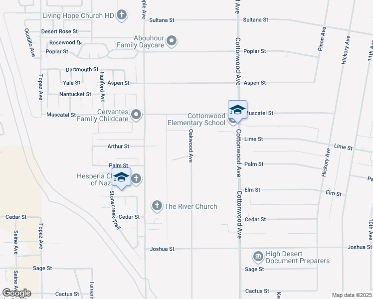 map of restaurants, bars, coffee shops, grocery stores, and more near 8756 Oakwood Avenue in Hesperia