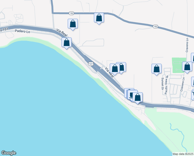 map of restaurants, bars, coffee shops, grocery stores, and more near 3605 Padaro Lane in Carpinteria