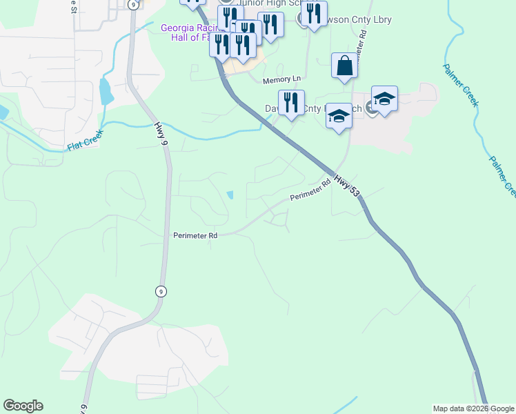 map of restaurants, bars, coffee shops, grocery stores, and more near 2120 Perimeter Road in Dawsonville