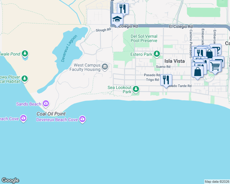 map of restaurants, bars, coffee shops, grocery stores, and more near 6891 Del Playa Drive in Goleta