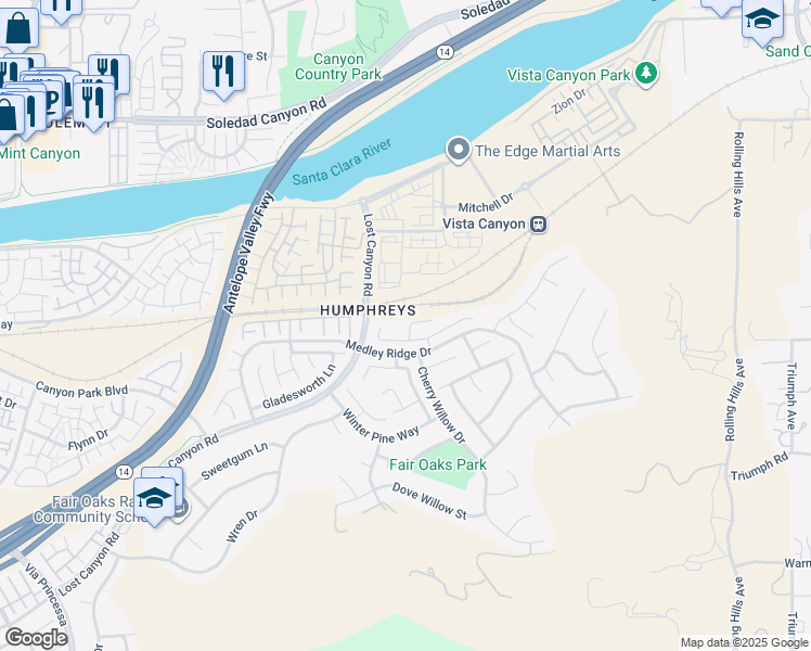 map of restaurants, bars, coffee shops, grocery stores, and more near 27323 English Oak Court in Santa Clarita