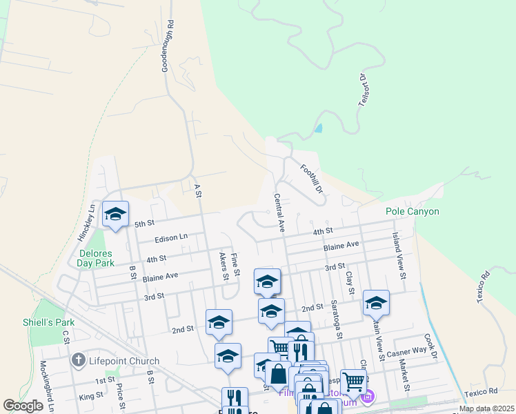 map of restaurants, bars, coffee shops, grocery stores, and more near 831 Woodgrove Road in Fillmore