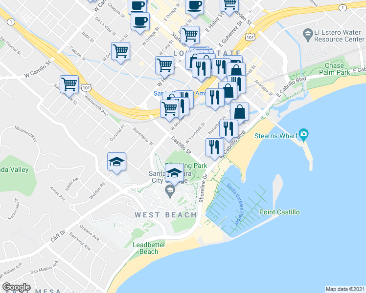 map of restaurants, bars, coffee shops, grocery stores, and more near Castillo St & W Yanonali St in Santa Barbara