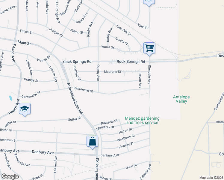 map of restaurants, bars, coffee shops, grocery stores, and more near 19050 Centennial St in Hesperia