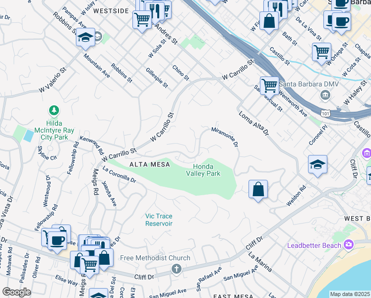 map of restaurants, bars, coffee shops, grocery stores, and more near 980 Miramonte Drive in Santa Barbara