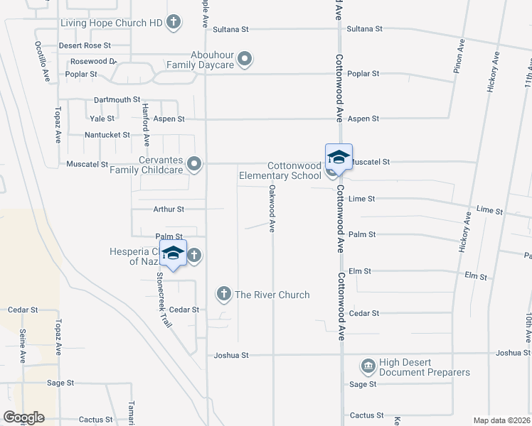map of restaurants, bars, coffee shops, grocery stores, and more near 8756 Oakwood Avenue in Hesperia