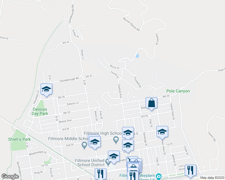 map of restaurants, bars, coffee shops, grocery stores, and more near 833 Woodgrove Road in Fillmore