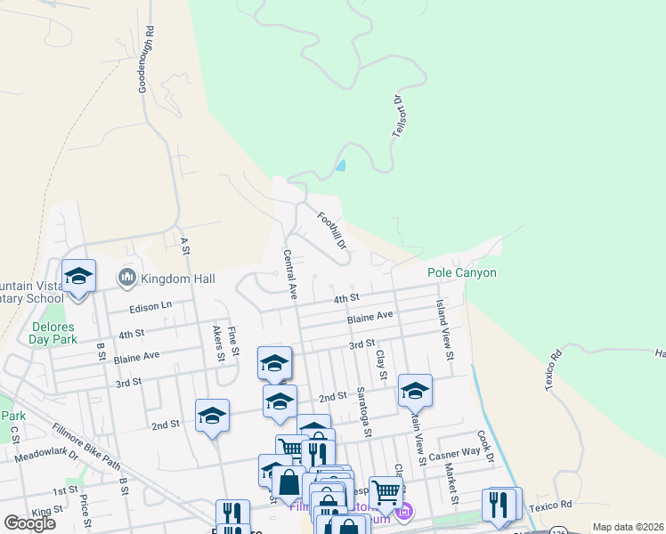 map of restaurants, bars, coffee shops, grocery stores, and more near 422 Foothill Drive in Fillmore