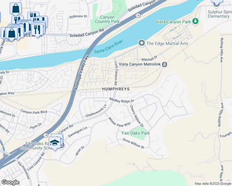 map of restaurants, bars, coffee shops, grocery stores, and more near 27346 English Oak Court in Los Angeles County