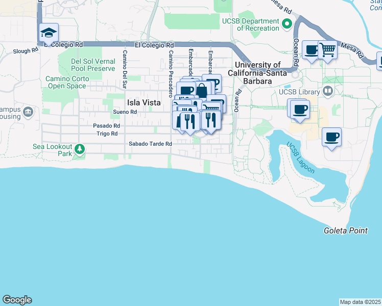map of restaurants, bars, coffee shops, grocery stores, and more near 6571 Sabado Tarde Road in Isla Vista
