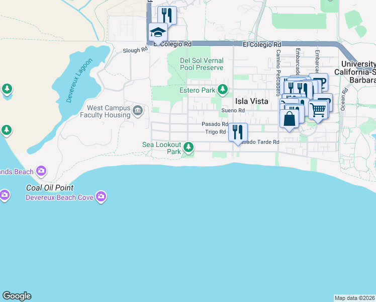 map of restaurants, bars, coffee shops, grocery stores, and more near 6800 Del Playa Drive in Goleta