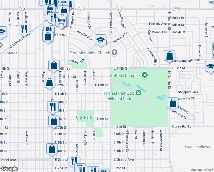 map of restaurants, bars, coffee shops, grocery stores, and more near 1100 Sycamore Street in Clovis