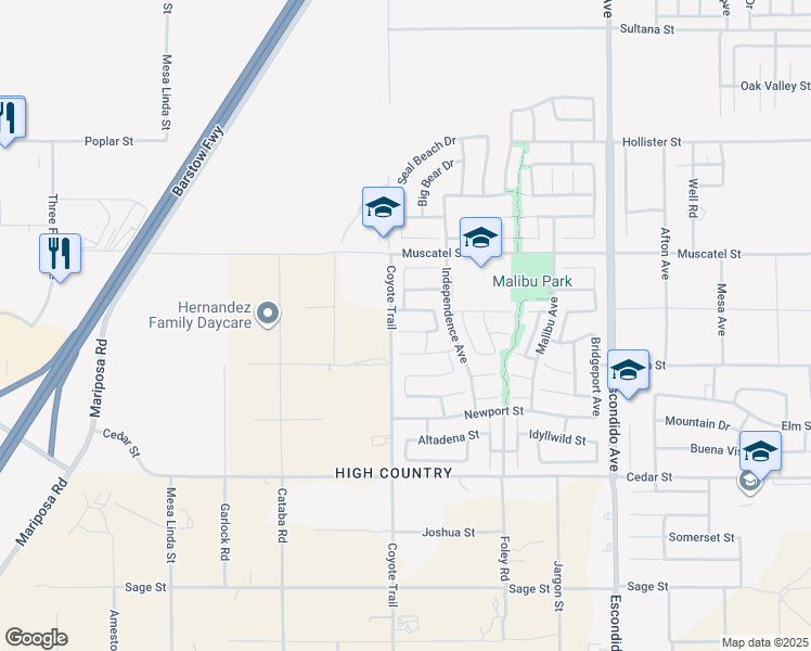 map of restaurants, bars, coffee shops, grocery stores, and more near 12920 La Costa Street in Hesperia
