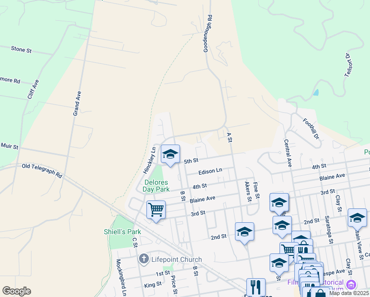 map of restaurants, bars, coffee shops, grocery stores, and more near 845 5th Street in Fillmore
