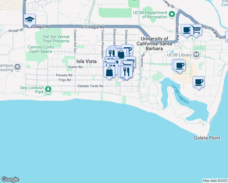 map of restaurants, bars, coffee shops, grocery stores, and more near 6564 Del Playa Drive in Goleta