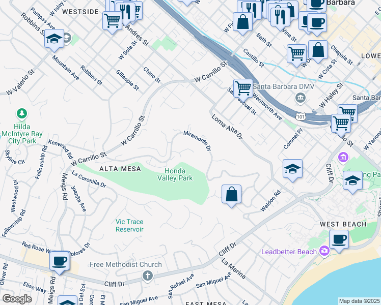 map of restaurants, bars, coffee shops, grocery stores, and more near 858 Highland Drive in Santa Barbara