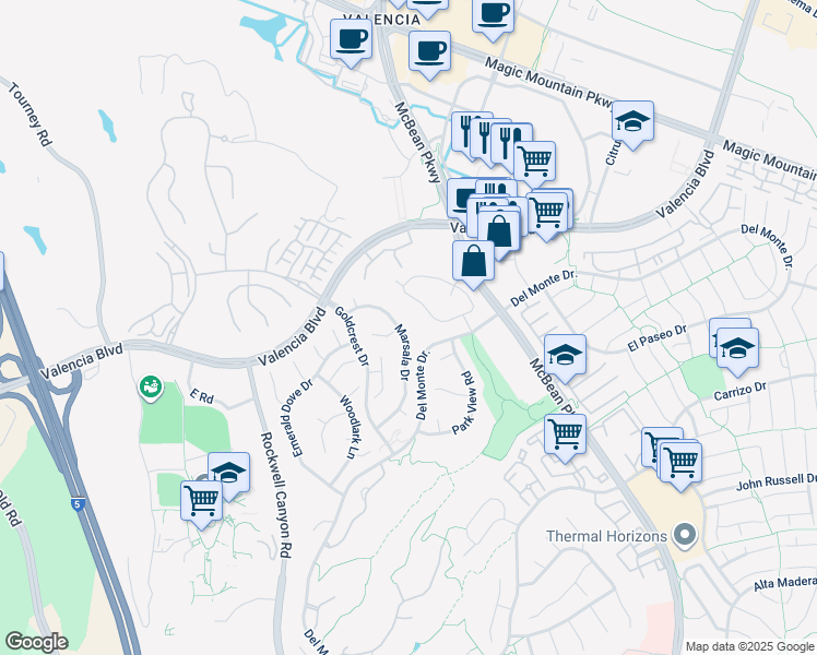 map of restaurants, bars, coffee shops, grocery stores, and more near 26388 Marsala Drive in Santa Clarita