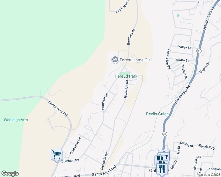 map of restaurants, bars, coffee shops, grocery stores, and more near 498 Burnham Road in Oak View