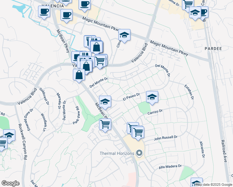 map of restaurants, bars, coffee shops, grocery stores, and more near 23924 Vía Rosa Linda in Santa Clarita