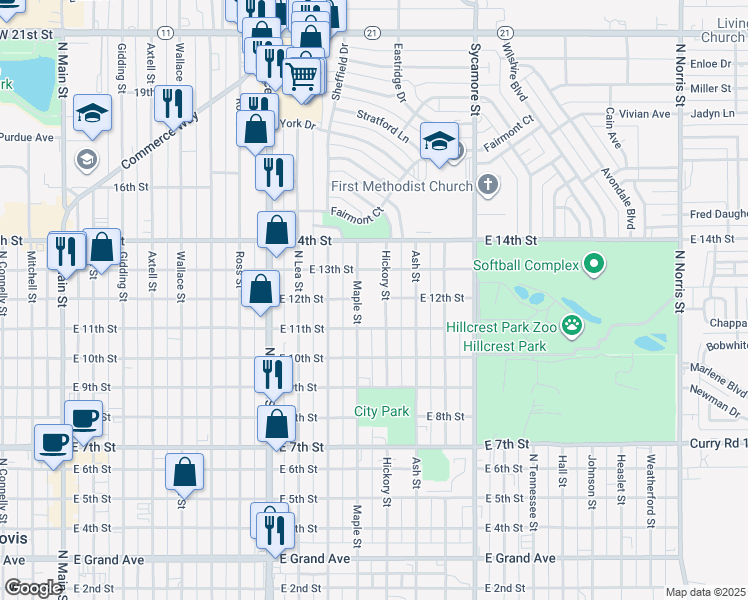 map of restaurants, bars, coffee shops, grocery stores, and more near 1121 Maple Street in Clovis