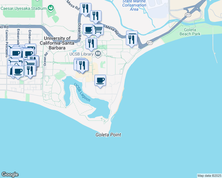 map of restaurants, bars, coffee shops, grocery stores, and more near in Isla Vista