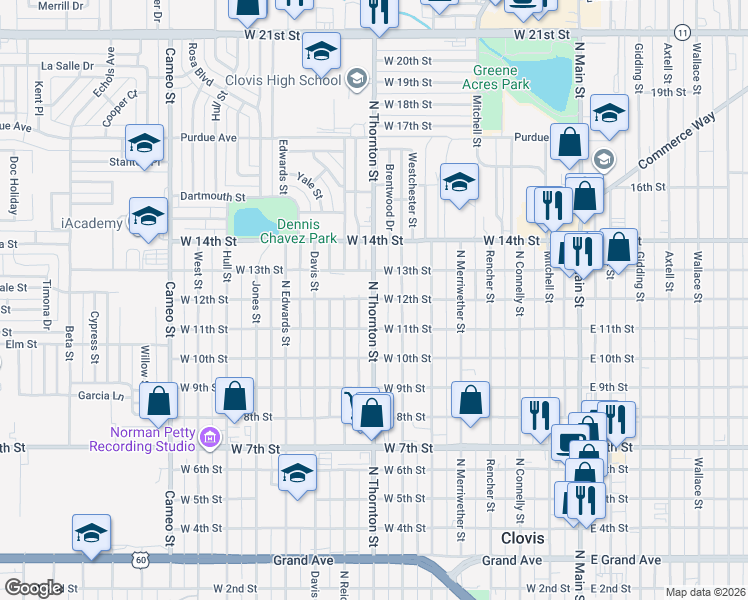 map of restaurants, bars, coffee shops, grocery stores, and more near West 12th Street in Clovis