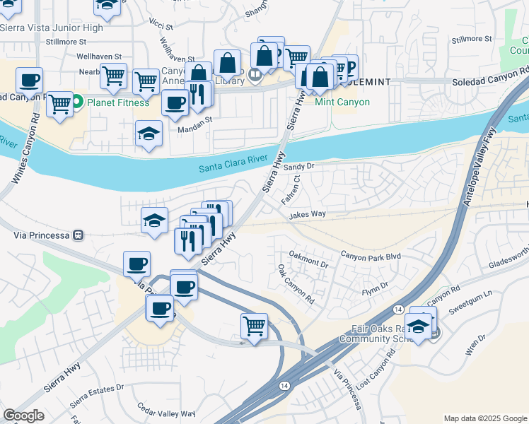 map of restaurants, bars, coffee shops, grocery stores, and more near 18414 Jakes Way in Los Angeles County