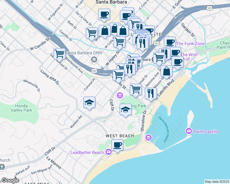 map of restaurants, bars, coffee shops, grocery stores, and more near 304 Rancheria Street in Santa Barbara